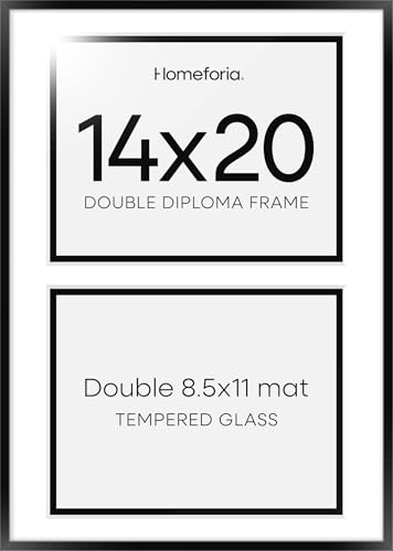 Image of Homeforia 14x20 Double Diploma Frame Black, High End Metal 14 x 20 Certificate Frames with Mat for Two 8.5 by 11 Diplomas, 20x14 Dual Award Graduation Matted Frames, Tempered Glass, Wall Kit, Set of 2
