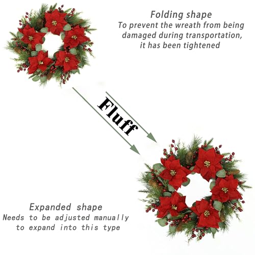 20 inch Artificial Christmas Wreath Winter Wreath with Poinsettia,Eucalyptus Leaves,red Berry,Pine Cones,Pine Needles for Indoor Outdoor Farmhouse Home Wall Window Festival Wedding Decor