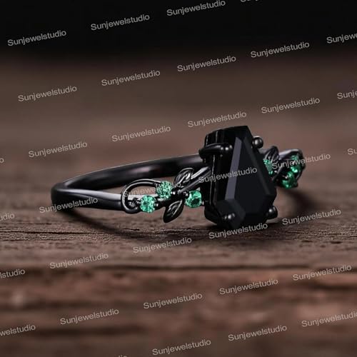 Coffin cut black onyx engagement ring Art deco leaf design emerald wedding nature inspired ring Antique Bridesmaid Jewelry Delicate Gift For Women2