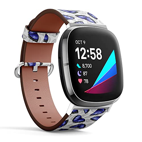 CJBROES Replacement Leather Watch Band, Compatible with Fitbit Versa 3 and Fitbit Sense of Wristband Bracelet Accessory - Watercolor Blue Butterflies