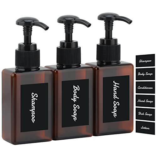Segus Soap Dispenser, 3 Pieces 100ml Pump Bottle Dispenser with Labels, Empty Shampoo Bottles, for Bathroom Kitchen(Amber)