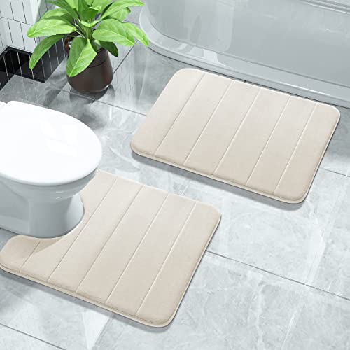 Yimobra Memory Foam Bath Mat Set, 2 Piece Soft Bathroom Rugs, 43x61 cm and 61x52 cm U-Shaped Rugs, Toilet Mat