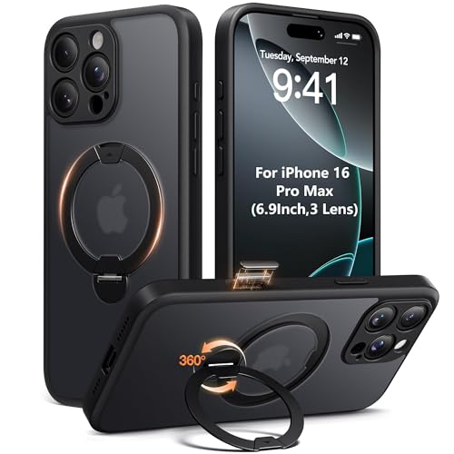 Dibrell Magnetic Unbreakable Stand for iPhone 16 Pro Max Case [Anti-Slip][Anti-Slip] [Military-Grade Protection] [Compatible with MagSafe] Slim Translucent Matte Wireless Charging Phone Cover Black