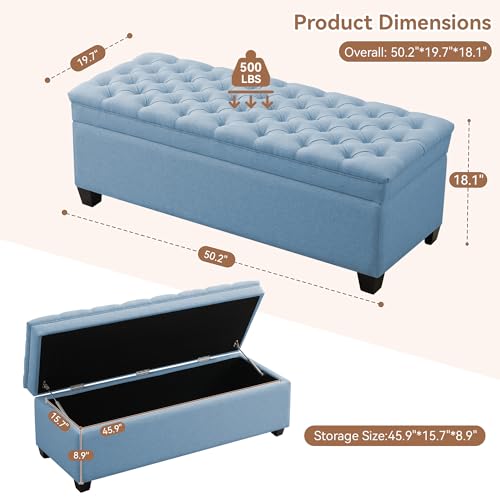 Image of WUTUTUEE 50 inch Fabric Storage Ottoman Bench, Upholstered Rectangle End of Bed Storage Ottoman Tufted Living Room Bedroom Bench with Safety Hinge, Solid Wood Legs, Loads 500 lb(Light Blue)