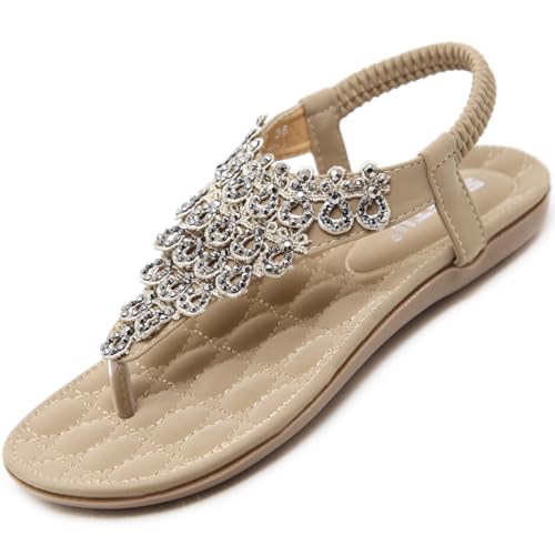 Acfoda Sandales Femme Été Chic Plates Confortable Bohême Chaussure Léger Mules Tongs Orthopédiques Sandalette Cuir nus pieds avec Strass Beige 40