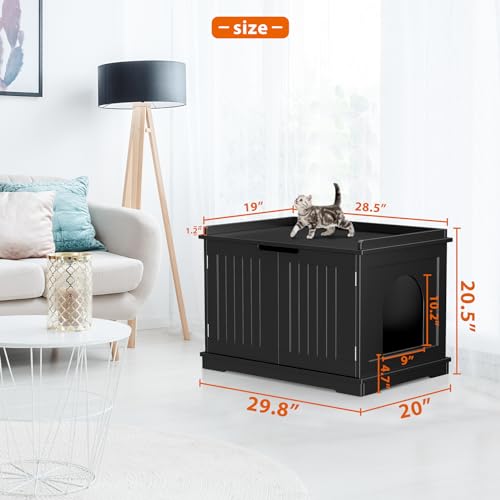 Cat Litter Box Enclosure Furniture Hidden Wooden Washroom Litter Box Cabinet, Indoor Cat House with Removable Divider, as Table Nightstand Storage Bench (Black)