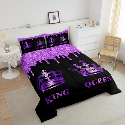 Image of Feelyou King Purple Crown King & Queen Bedding Set Anniversary Comforter Set for Adults Mr & Mrs Comforter Glitter Print Duvet Set Adult Microfiber Bed Set