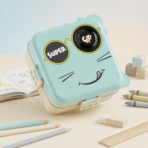 Image of Lunch Box for School Travel Work Gym, 3 Compartment Bento Box, Portable Tiffin Box, Stainless Steel Food Container, Leakproof Meal Box with Spoon, 1120ml + 70ml (Mint Blue, Super Cat)