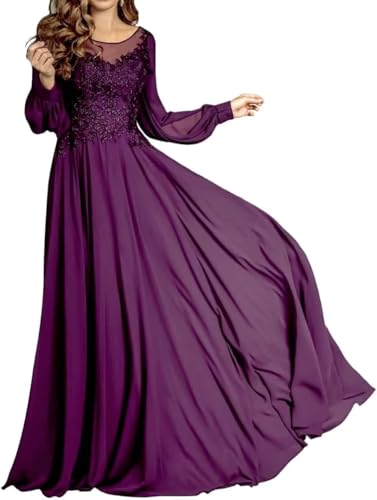 Image of Plum Mother of Bride Dresses for Women Plus Size Chiffon Elegant Long Sleeve Mother of Groom Dress for Wedding 20W
