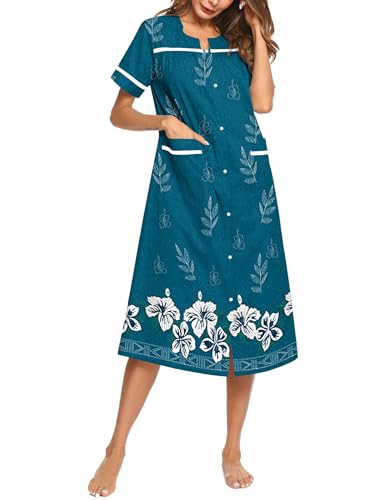 Ekouaer Womens Snap Front Dusters Cotton Housecoat Short Sleeve Nightgown House Dress With Pockets