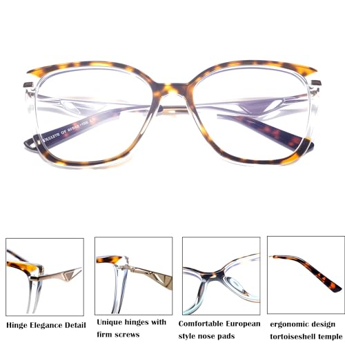 Image of Tortoise & Clear Acetate Cat-Eye Blue Light Blocking Glasses - Geometric Metal Temples with Art Deco Accents, Screen Protection for Work /Gaming, Fashion-Forward Eyewear Accessories (Unisex)