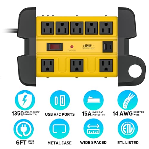 CRST protector de sobretensión industrial metálico de 8 tomas con USB-C, con interruptor y cable de extensión de 6 pies, 15A, 1350 julios miniatura 2