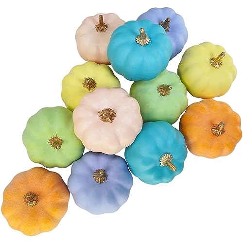 Winlyn 12 Pcs Assorted Small Artificial Pastel Pumpkins Rustic Harvest Decorative Pumpkins in Orange Green Yellow Teal Purple Pink for Fall Autumn Wedding Baby Shower Thanksgiving Halloween Décor