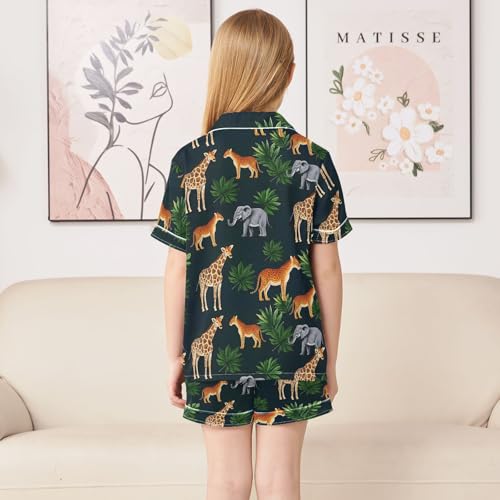 ALAZA Leopard Elephant Giraffe Leaf Satin Pajamas Set Short Sleeve Button Down Sleepwear Summer Pjs 2 Piece4