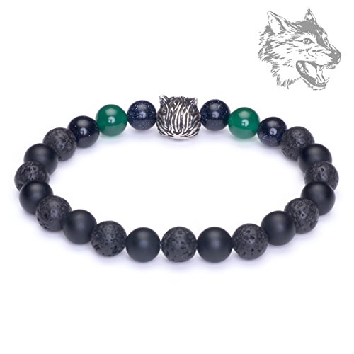 Karseer Antique Silver Viking Wolf Healing Crystal Stress Relief Anti Anxiety Energy Stone Stretch Bracelet Black Natural Onyx Lava Blue Sandstone Green Agate Beaded Animal Friendship Jewelry Gift 7" #TOP1