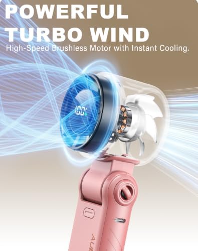 AUIIAH Portable Handheld Turbo Fan - 5 Speed Mini Personal Fan with Strong Airflow, Foldable 3 in 1 Rechargeable Battery Operated Trave Essentials Hand Fans for Indoor/Outdoor Use, Pink — view 5