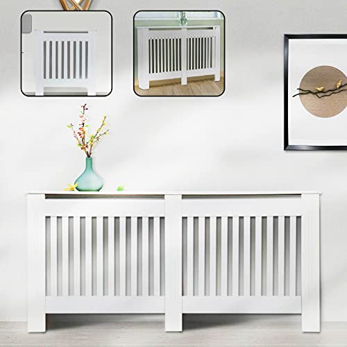 Cubierta de radiador blanca grande con diseño vertical moderno y estante superior para pasillo