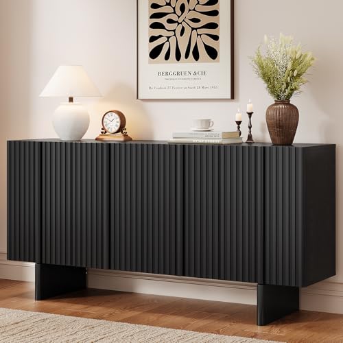 Image of ONBRILL 63" Fluted Sideboard Cabinet with Storage Adjustable Shelves Black