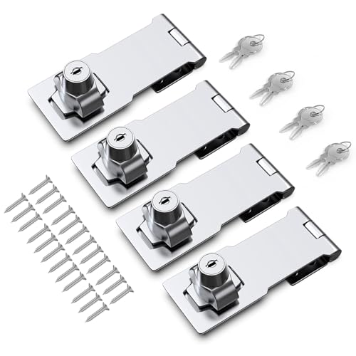 Image of 4 Inch Keyed Hasp Lock for Cabinets & Small Doors, Twist Knob Design, Heavy Duty Zinc Alloy with Chrome-Plated Iron, Includes Keys & Screws - Silver, 4 Pack