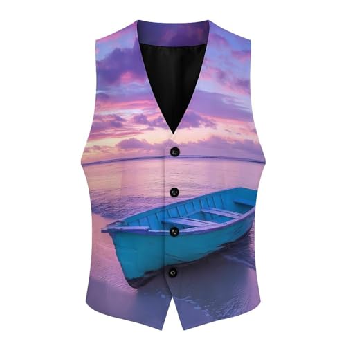 Hawaii Sunset Boat Landscape Men's Suit Vests Business Formal Dress Vest V-Neck Waistcoat for Wedding Casual4