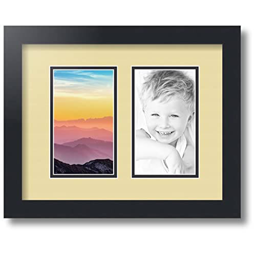 ArtToFrames Collage Photo Frame Double Mat with 2-4x7 inch Openings with Black Frame and Buttercup Top Mat