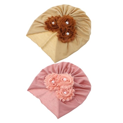 2Pcs Cotton Turban Hats Stylish Flower Design All Match Beanie for Boys Comfortable Washable Headwear for Parties Daily Use Pink