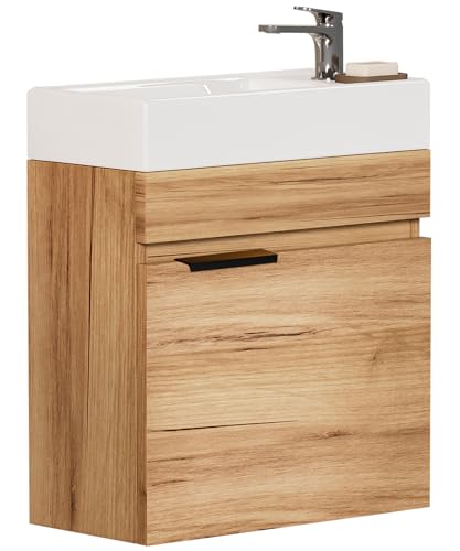 Yorbay Waschbecken mit Unterschrank 41 cm: Modern Wandmontage Badezimmerschrank mit Keramik Waschtisch für Kleine Bäder - Holzfarbe Hängend Badmöbel Set ohne Wasserhahn für Gäste WC
