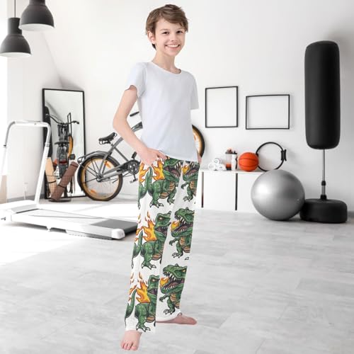 Boy's Pants Fire Dinosaur Green Jogger Pants Elastic Waist Long Bottoms Trousers with Pockets 6-14 Years 6