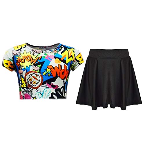 KIDS GIRLS COMIC GRAFFITI PRINT LEGGING SKATER MIDI DRESS CROP TOP SKIRT 2-13 Yr[11-12 Years,Crop Top & Skater Skirt Set]