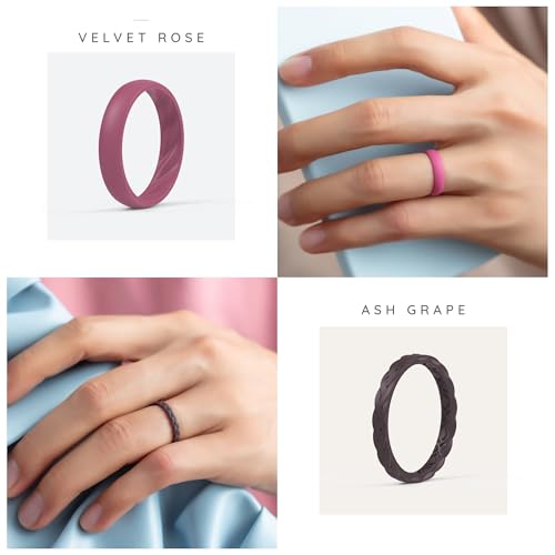 ThunderFit Silicone Rings for Her - Mix Women's Silicone Wedding Rings, 1.8mm Thick Rubber Engagement Rings Braided & 4mm Classic Rings Combo3