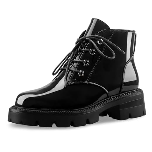 Perisis Botas femininas de combate curtas com sola solada, preta, salto grosso, plataforma, botas de cano baixo, confortáveis, sapatos Oxford com cadarço e zíper lateral para mulheres fofas, Patente