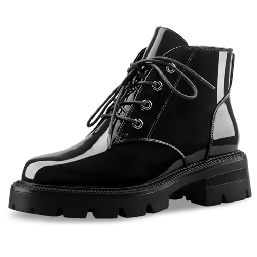 Women's Lug Sole Short Combat Boots Black Chunky Heel Platform Ankle Booties Comfy Flat Boot Lace Up Oxford Shoes with Side Zipper for Ladies Cute