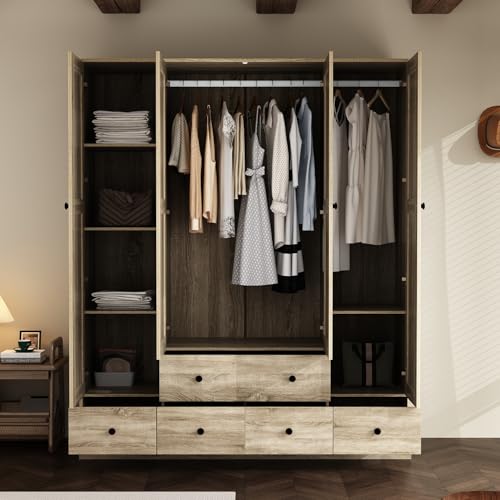 Rattan-Armoire-Wardrobe-Closet-with-7-Shelves-5-Drawers-Hanging-Bars-59-L-Wooden-Wardrobe-Clothes-Storage-Cabinet-for-Bedroom-Guest-Room-Brown Rattan Armoire Wardrobe Closet with 7 Shelves 5 Drawers Hanging Bars 59 L Wooden Wardrobe Clothes Storage Cabinet for Bedroom Guest Room Brown