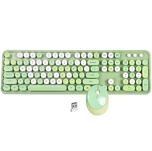 MoMoOne Wireless Computer Keyboards Mouse Combos Set, Colored Retro Round Keycaps, Colorful QWERTY Typewriter Full Size Keyboards, 2.4GHz USB Receiver Connection(Green-Colorful)