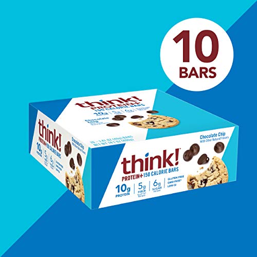 think! Protein Bars with Chicory Root for Fiber, Digestive Support, Gluten Free with Whey Protein Isolate, Chocolate Chip, Snack Bars without Artificial Sweeteners, 1.4 Oz (10 Count)
