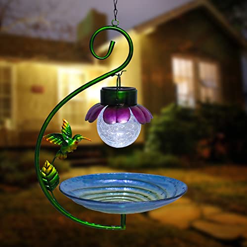 Mumtop Hanging Bird Bath - Bird Baths For Outdoors, 11 Inch Glass Solar Bird Bath Bowl Bird Feeder Birdbath With Led Cracked Glass Ball And Metal Hummingbird For Garden And Patio Decor #TOP7