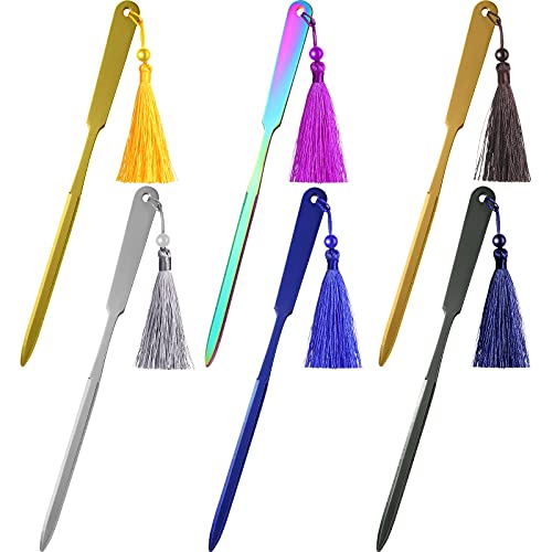 6 Pieces Envelope Letter Openers Stainless Steel Lightweight Letter Opener Knife Hand Envelope Slitter With 3.5 Inch Tassels, Gold, Silver, Blue, Rainbow, Bronze, Black #TOP16