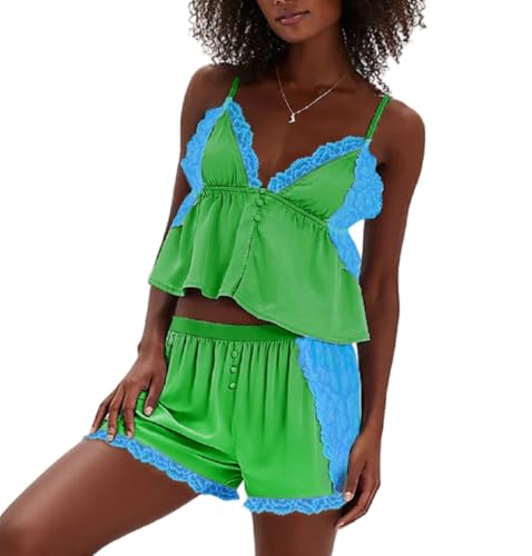 Image of ROAONOCOMO Women Lace Trim Pj Shorts Set Square Neck Coquette Tank Top Silk Satin Pajama Set Babydoll 2 Piece Shorts Outfit