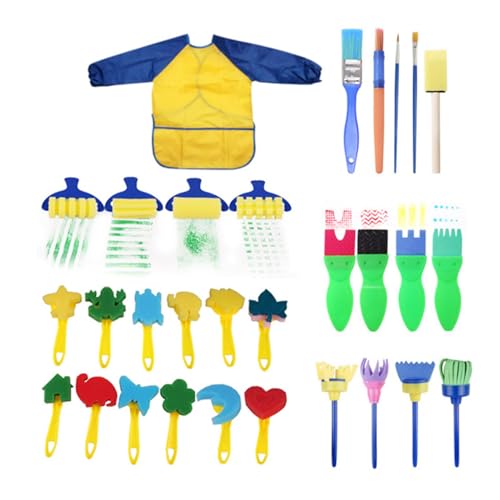 Funien Children Paintbrushes Washable Paint Brushes Set with Apron for Early DIY Learning Toys Kids Painting Sponges for Acrylic Crafts (30pcs)