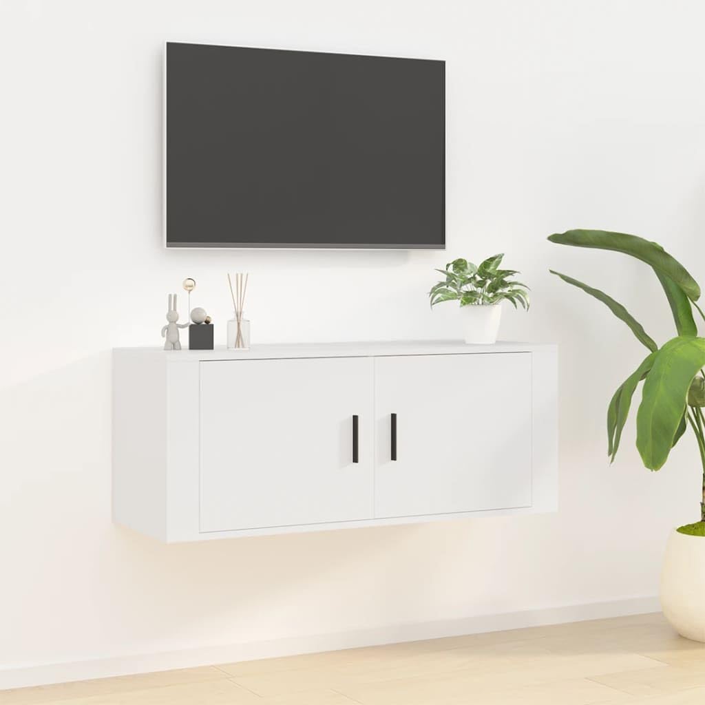Meuble TV Mural Blanc 100x34,5x40 cm en Bois d'ingénierie avec Espace de Rangement pour Salon séjour Chambre Bureau