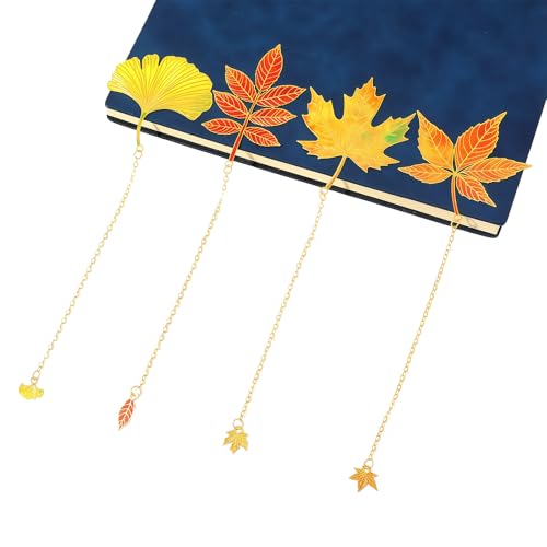 4 marcapáginas de metal con colgante de cadena, hojas de otoño, marcador de página para amantes de los libros, profesores, hojas adultas
