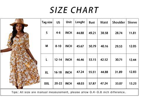 Vaiaye Womens Midi Dresses Bohemian V Neck Short Sleeve Button Down Dress Elastic Waist Summer Dress Orange #TOP4