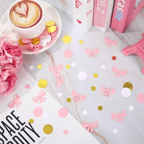 Image of Whaline 300 Pcs Pink Bow Table Confetti Cute Bowknot Dot Shaped Confetti Pink Gold White Table Centerpieces for Coquette Birthday Party Decoration