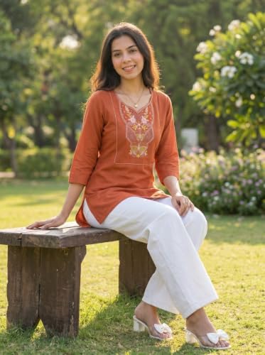 Image of Cotton Blend Embroidered Straight Kurta for Women | Cotton Blend | 3 /4 Sleeve | Round Neck V-Slit | Ethnic Wear Casual Wear