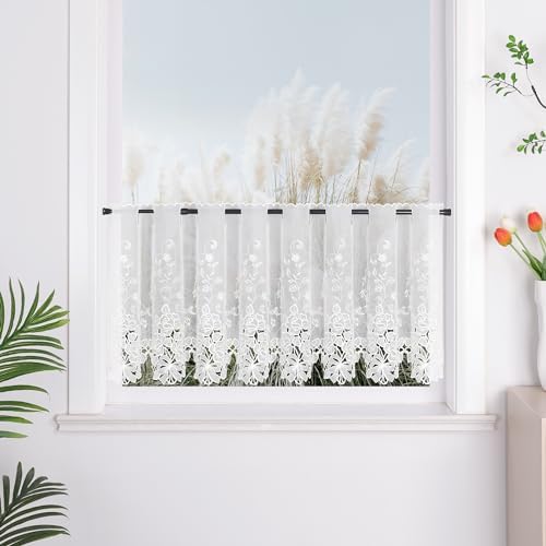 1 półprzezroczysta firanka w haftowane białe kwiaty, zazdrostka kuchenna, zasłona na drzwi, do ogrodu, J13 wys. x szer. 75 cm x 150 cm