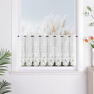 1 półprzezroczysta firanka w haftowane białe kwiaty, zazdrostka kuchenna, zasłona na drzwi, do ogrodu, J13 wys. x szer. 75 cm x 150 cm