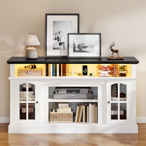 DWVO Farmhouse TV Stand for 65 Inch Television w/Outlets, LED Modern Entertainment Center with Glass Doors and Adjustable Storage Shelves, Media Console TV Cabinet for Living Room, White/Black