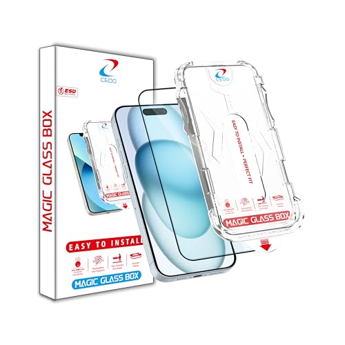 Image of CEDO Magic Box Tempered Glass for iPhone 15 | Dust & Bublle Free Installation Screen Protector with auto Alignment Tool | HD Clear Quality Tempered Glass with Easy Installation Kit (Black)