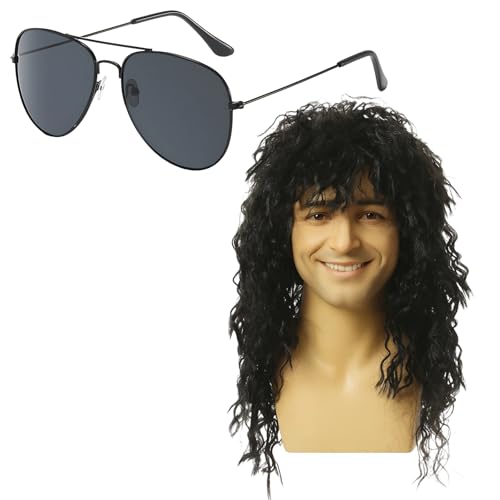 2-teiliges Set Michael Kostüm Perücke und Brille Wolfgang Petry Kostüm Perücke Schwarz Locken für Kostümpartys und Karneval
