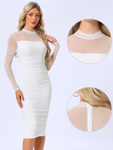 Image of Allegra K Mesh Dress for Women Long Sleeve Mock Neck Ruched Bodycon Dresses | Ruched, Lightweight Stretchy Mesh Sheer, Evening, Cocktail, Party Club
